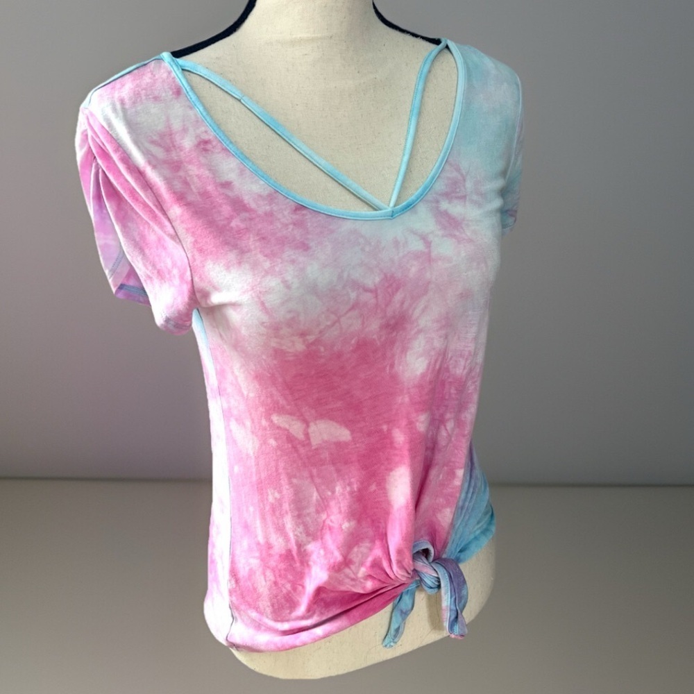 Women’s Tie-Dye Short Sleeve T-Shirt Soft Pastel Pink Blue V-Neck summer hippie